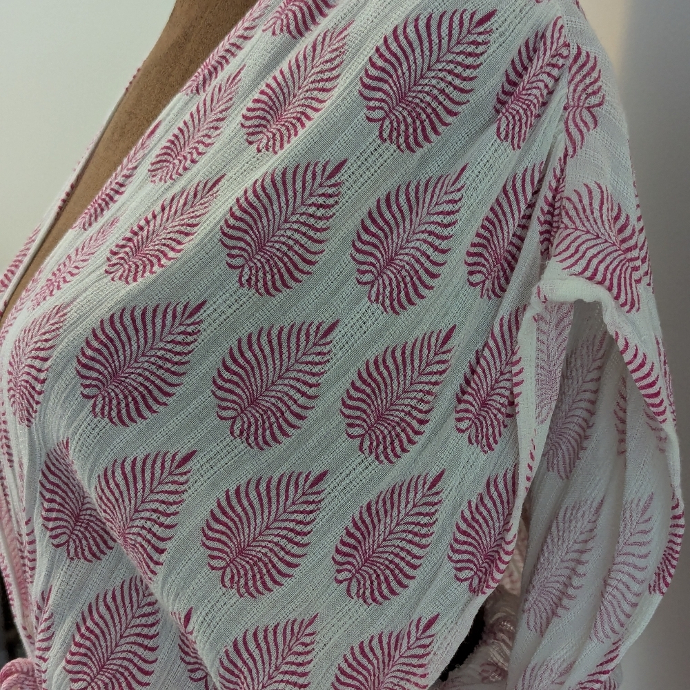 Elan Wrap Maxi Cover-Up Tunic Caftan White Pink Tropical Leaf Print Elastic, XS - Picture 9 of 10